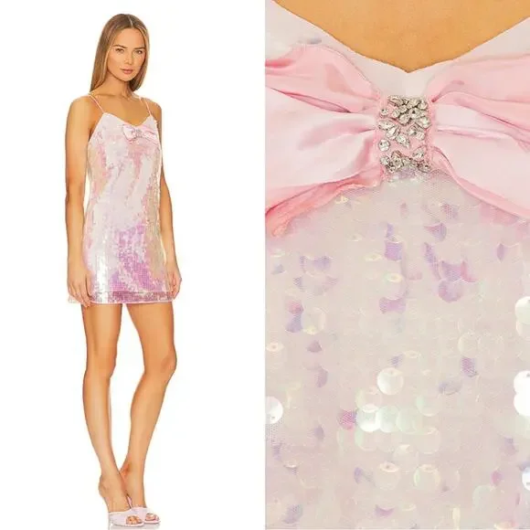 LoveShackFancy Kumi Sequin Bow Detail Irridescent Pink Mini Dress Size 2 - Picture 3 of 9